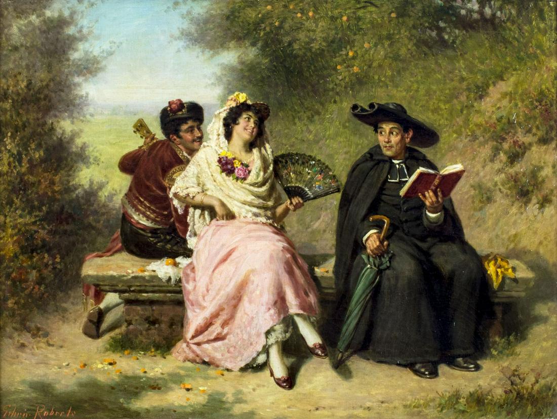 Edwin Thomas Roberts (UK,1840-1917) oil painting antique: ARTIST: Edwin Thomas Roberts (British, 1840 - 1917) NAME: Merry and Wise (titled on verso) MEDIUM: oil on canvas CONDITION: Very good. Minor stable craquelure. No visible inpaint under UV light. Minor