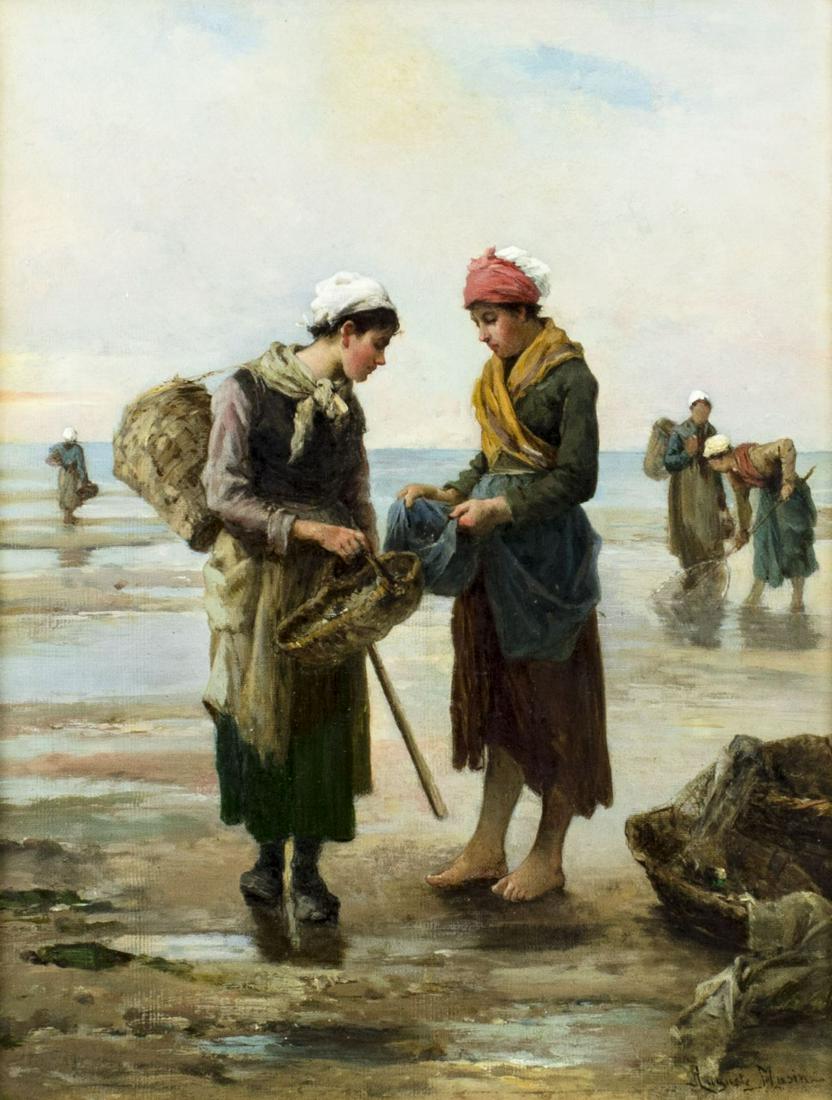 Auguste Musin (Belgium,1852-1923) oil painting antique: ARTIST: Auguste Henri Musin (Belgian, 1852 - 1923) NAME: Clam Gatherers MEDIUM: oil on canvas CONDITION: Relined. One patch repair with minor corresponding inpainting. SIGHT SIZE: 16 x 13 inches / 40 