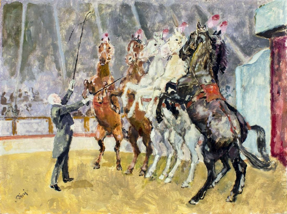 Istvan Biai Foglein (Hungary,1905-1974) oil painting: ARTIST: Istvan Biai Foglein (Hungarian, 1905 - 1974) NAME: Circus Horses MEDIUM: oil on board CONDITION: Very good. No visible inpaint under UV light. SIGHT SIZE: 24 x 32 inches / 60 x 81 cm FRAME SIZ