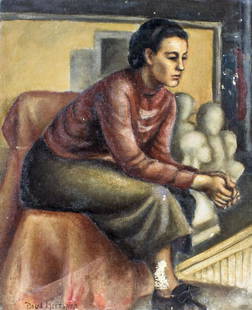 Paul Meltsner (NY,1905-1966) oil painting: ARTIST: Paul Raphael Meltsner (New York, 1905 - 1966) NAME: Sitting Woman MEDIUM: oil on canvas CONDITION: One tear 2" long repaired with patch. Some paint losses (see pictures carefully). Few small s