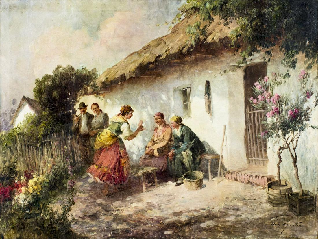Agostos Acs (Hungary,1889-1947) oil painting: ARTIST: Agostos Acs (Hungarian, 1889 - 1947) NAME: Village Scene MEDIUM: oil on canvas CONDITION: Few minor paint losses. Some craquelure. No visible inpaint under UV light. SIGHT SIZE: 24 x 32 inches
