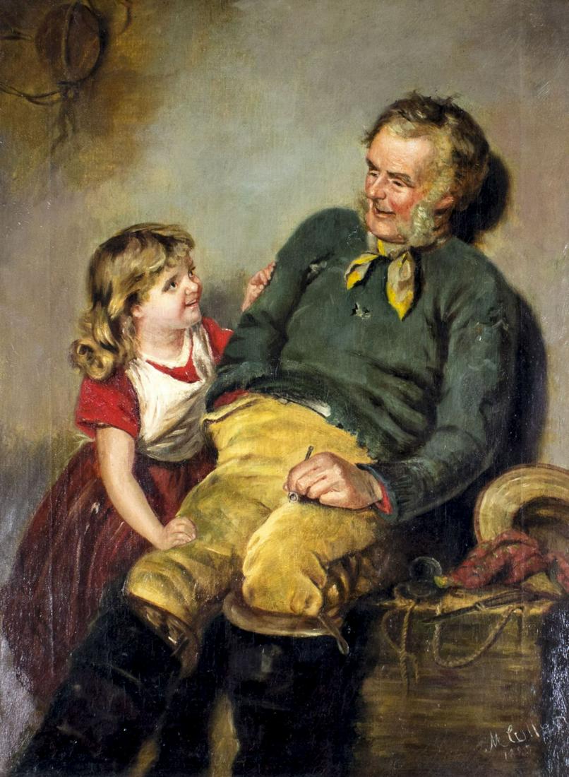 M Cullen (Europe,19C) oil painting antique: ARTIST: M Cullen (European, 19 century) NAME: Fisherman and His Daughter YEAR: 1885 MEDIUM: oil on canvas CONDITION: Minor craquelure. Few very small scattered inpaintings (biggest 1" x 1/2"). Minor d
