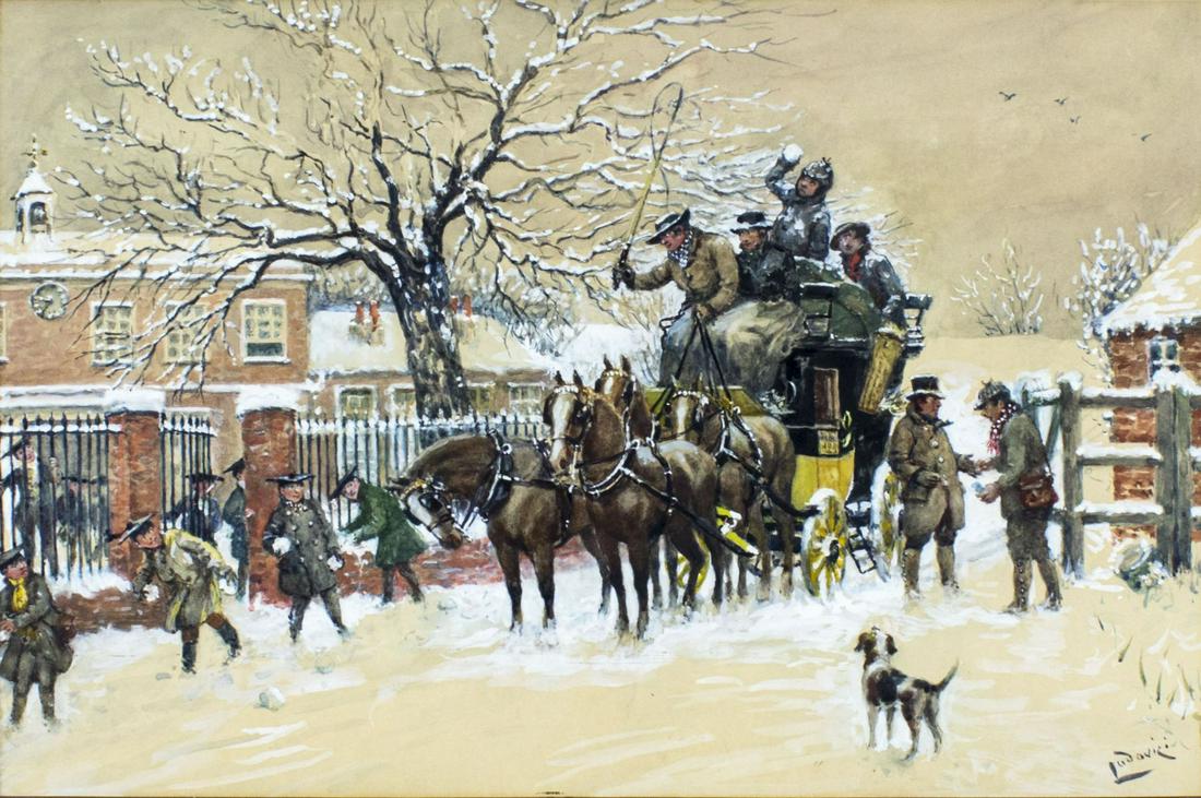 Albert Ludovici Jr (Italy,1852-1932) watercolor painting antique: ARTIST: Albert Ludovici Jr (Italian, 1852 - 1932) NAME: Winter Stagecoach Street Scene MEDIUM: watercolor on paper CONDITION: Some age toning. Framed under glass. SIGHT SIZE: 12 x 18 inches / 30 x 45 