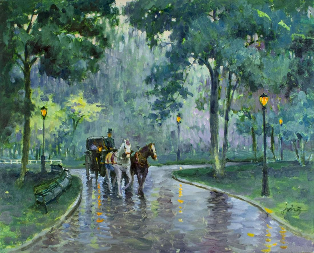 Dajing (US,China,20C) oil painting: ARTIST: Dajing (American, Chinese, 20 century) NAME: View of Central Park MEDIUM: oil on canvas CONDITION: Missing few flakes of paint. Restretched. No visible inpaint under UV light. SIGHT SIZE: 24 x