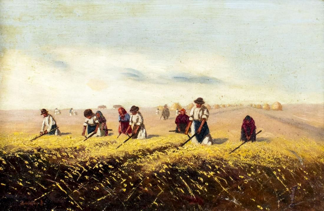 B Zubriczky (Hungary,1852-?) oil painting antique: ARTIST: B Zubriczky (Hungarian, 1852 - ?) NAME: Harvest Scene MEDIUM: oil on canvas CONDITION: One patch repair with corresponding inpainting. Minor craquelure. SIGHT SIZE: 8 1/2 x 12 1/2 inches / 22 