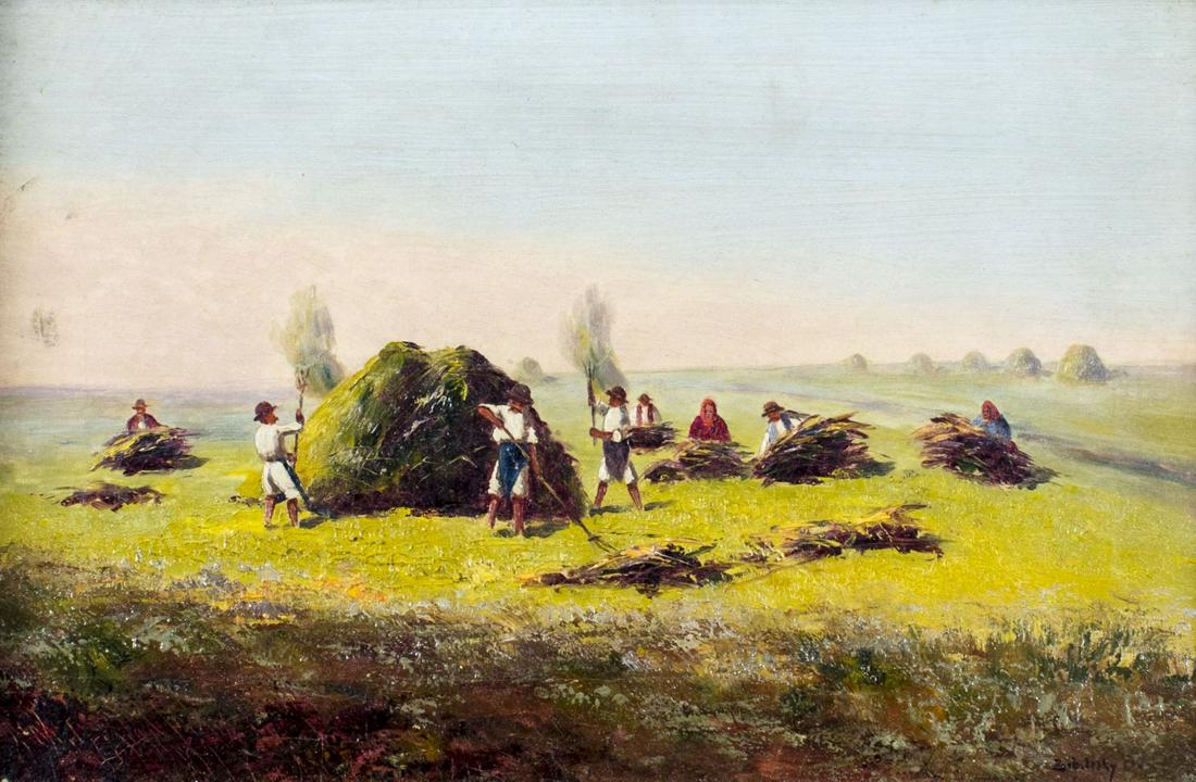 B Zubriczky (Hungary,1852-?) oil painting antique: ARTIST: B Zubriczky (Hungarian, 1852 - ?) NAME: Harvest Scene MEDIUM: oil on canvas CONDITION: Some craquelure. No visible inpaint under UV light. SIGHT SIZE: 8 1/2 x 12 1/2 inches / 22 x 33 cm FRAME 