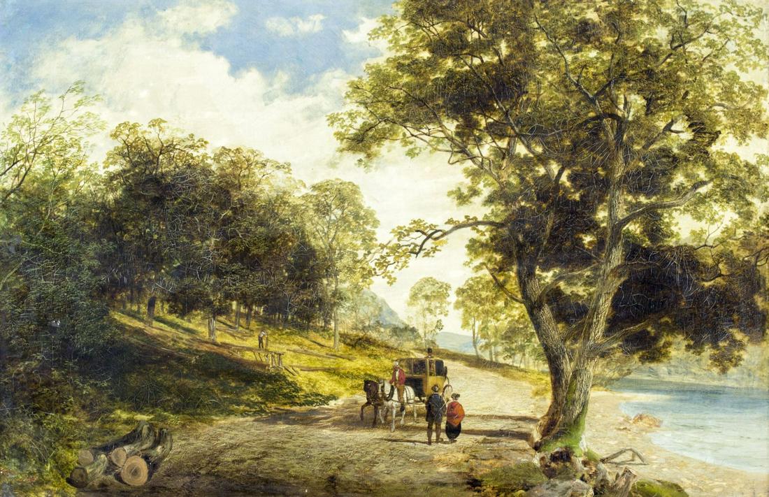 George Vicat Cole (UK,1833-1893) oil painting antique: ARTIST: George Vicat Cole (British, 1833 - 1893) NAME: Landscape with Horse Drawn Carriage MEDIUM: oil on canvas CONDITION: Relined. Minor paint losses mostly along edges. Some stable craquelure. Few 
