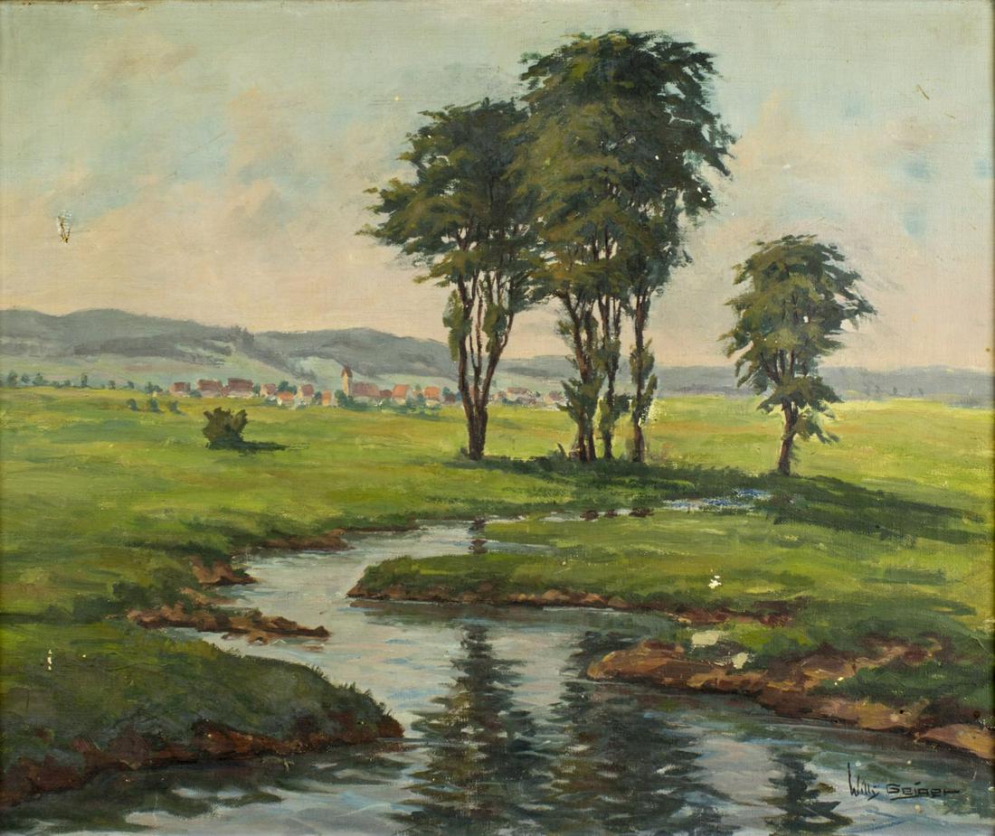 Willi Geiger (German,1878-1971) oil painting: ARTIST: Willi Geiger (Germany, 1878 - 1971) NAME: Landscape - Schwalm MEDIUM: oil on canvas CONDITION: One small hole. Minor flaking. No visible inpaint under UV light. SIGHT SIZE: 20 x 24 inches / 50