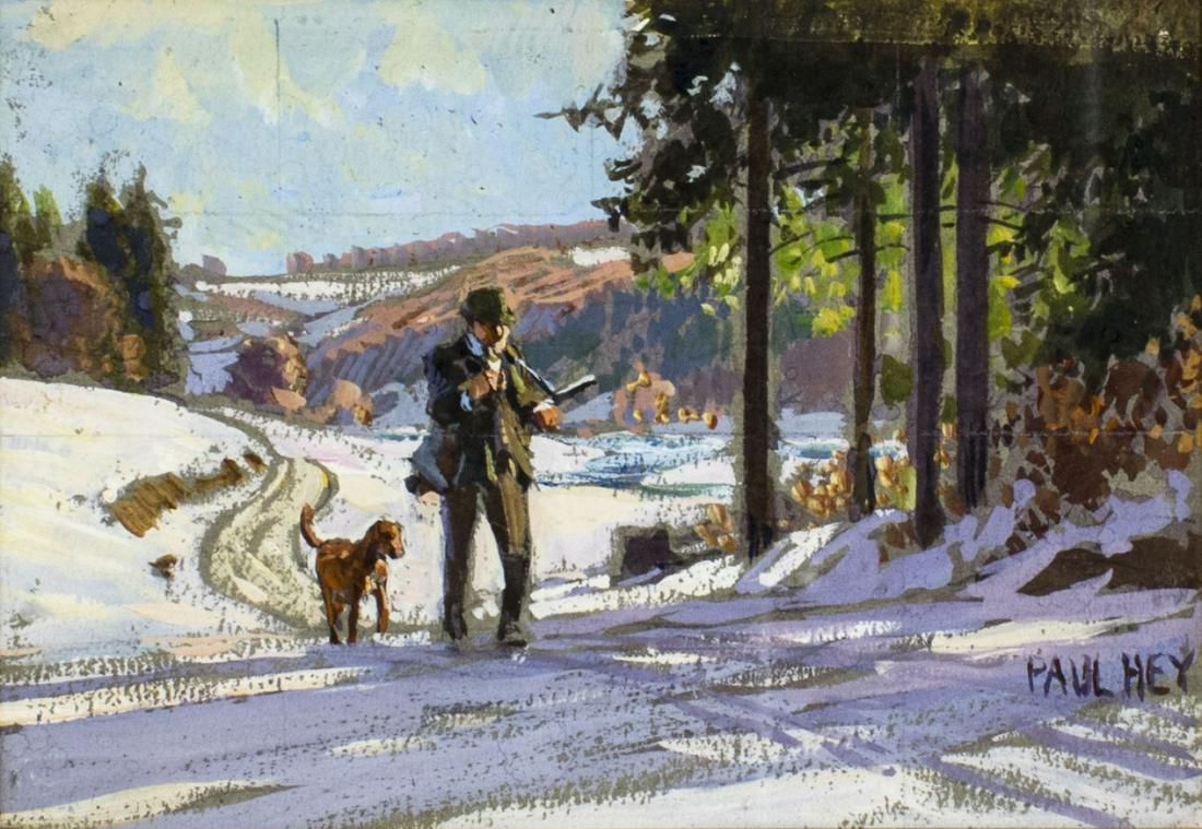 Paul Hey (German,1867-1952) gouache painting: ARTIST: Paul Hey (Germany, 1867 - 1952) NAME: Country Landscape MEDIUM: gouache on paper CONDITION: Very good. Some age toning. Framed under glass. SIGHT SIZE: 4 x 6 inches / 10 x 15 cm FRAME SIZE: 11
