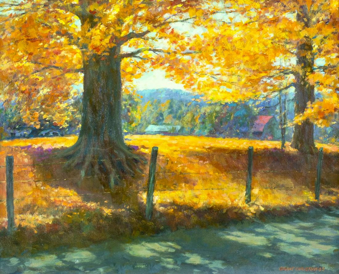 Grant Christian (IN,1911-1989) oil painting: ARTIST: Grant Wright Christian (Indiana, 1911 - 1989) NAME: Autumn Landscape YEAR: 1989 MEDIUM: oil on canvas CONDITION: Very good. No visible inpaint under UV light. Wear to frame. SIGHT SIZE: 16 x 2