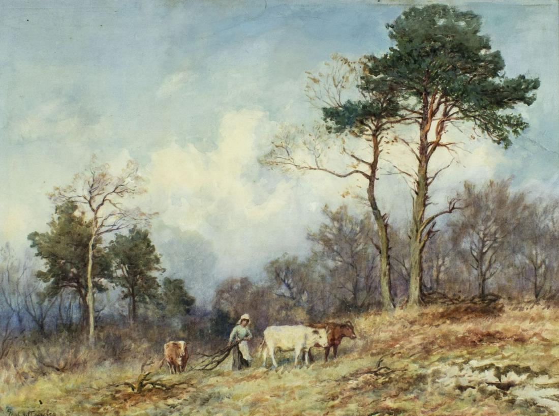 Fred J Knowles (UK,1874-1931) watercolor painting: ARTIST: Frederick J Knowles (British, 1874 - 1931) NAME: Landscape with Woman and Cows MEDIUM: watercolor on paper CONDITION: 12" long repaired tear along upper edge. Framed under glass. SIGHT SIZE: 1