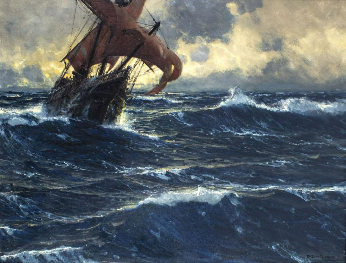 Michael Zeno Diemer (German,1867-1939) oil painting antique: ARTIST: Michael Zeno Diemer (Germany, 1867 - 1939) NAME: Seascape with Sail Ship MEDIUM: oil on canvas CONDITION: Relined. Restretched. No visible inpaint under UV light. SIGHT SIZE: 34 x 44 inches /