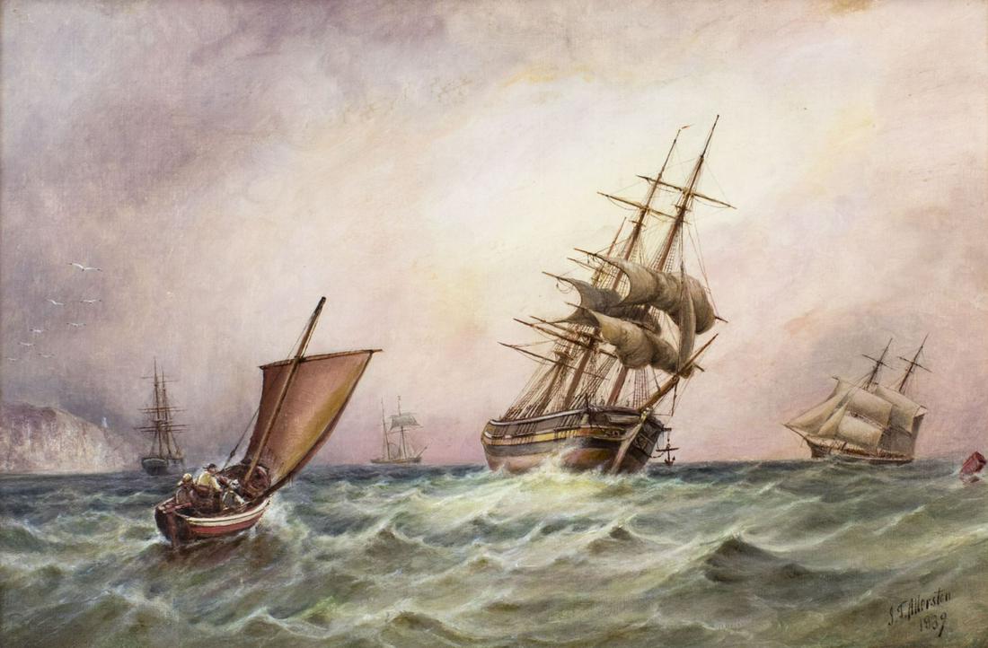 John Taylor Allerston (UK,1828-1914) oil painting antique: ARTIST: John Taylor Allerston (British, 1828 - 1914) NAME: North East Wind Briddington Bay (titled on stretcher) YEAR: 1889 MEDIUM: oil on canvas CONDITION: Very good. Minor craquelure. No visible inp