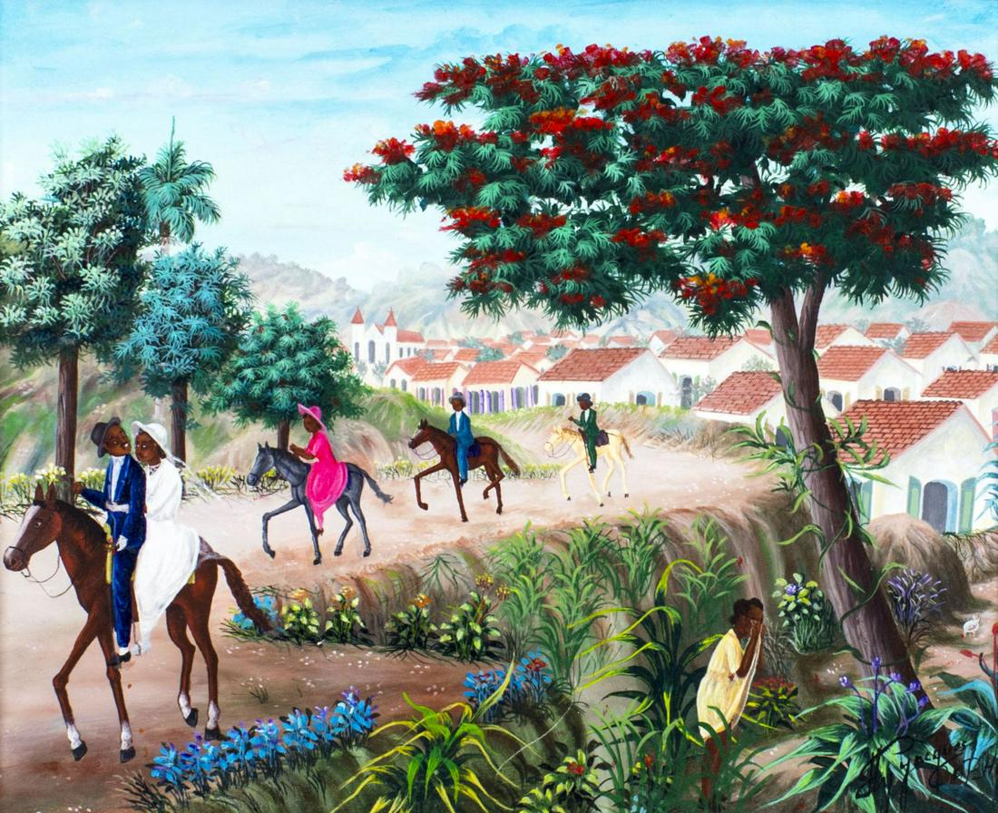 Eddy Jacques (Haiti,b 1957) oil painting: ARTIST: Eddy Jacques (Haitian, born 1957) NAME: Haitian Village Scene MEDIUM: oil on canvas CONDITION: Very good. No visible inpaint under UV light. SIGHT SIZE: 16 x 20 inches / 40 x 50 cm FRAME SIZE: