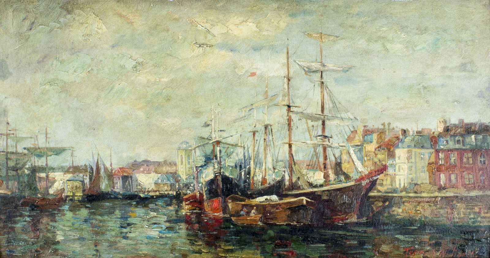 Terrick John Williams (UK,1860-1936) oil painting: ARTIST: Terrick John Williams (British, 1860 - 1936) NAME: Harbor Scene MEDIUM: oil on board CONDITION: Very good. Normal wear along edges. No visible inpaint under UV light. SIGHT SIZE: 9 x 17 inches