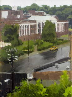 Philip Geiger (CO,VA,FL,b 1956) oil painting: ARTIST: Philip Geiger (Colorado, Virginia, Florida, born 1956) NAME: Cityscape - Rain YEAR: 1989 MEDIUM: oil on board CONDITION: Minor paint loss in lower right corner. No visible inpaint under UV