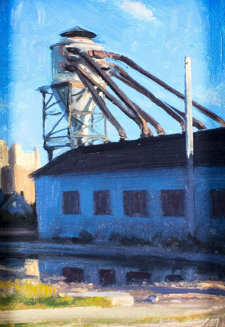 Stephen Magsig (MI,OH,b 1965) oil painting: ARTIST: Stephen Magsig (Michigan, Ohio, born circa 1965) NAME: Postcards from Detroit - Hopper with Reflections (titled on verso) MEDIUM: oil on board CONDITION: Excellent. No visible inpaint under UV
