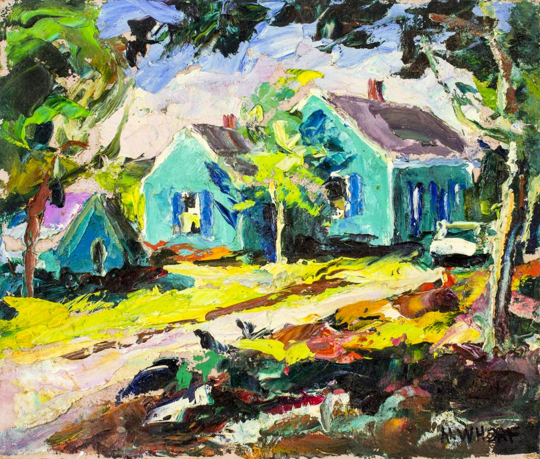 Nancy Whorf (MA,FL,1930-2009) oil painting: ARTIST: Nancy Whorf (Massachusetts, Florida, 1930 - 2009) NAME: Teal House MEDIUM: oil on board CONDITION: Very good. No visible inpaint under UV light. SIGHT SIZE: 11 x 13 inches / 27 x 33 cm FRAME S
