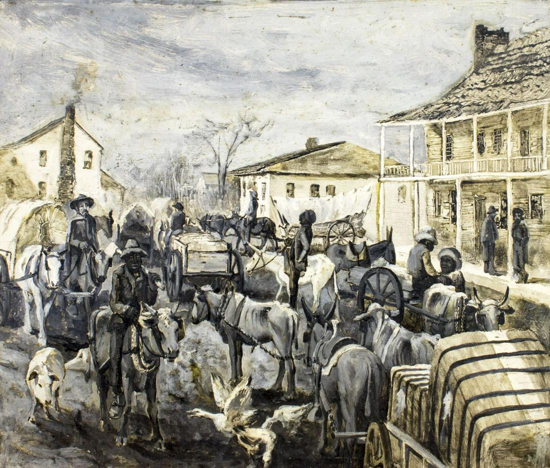 John Monks (MA,IL,1850-1917) oil painting antique: ARTIST: John Austin Sands Monks (Massachusetts, Illinois, 1850 - 1917) NAME: Southern American Street Scene MEDIUM: oil on board CONDITION: Overall good. No visible inpaint under UV light. SIGHT SIZE: