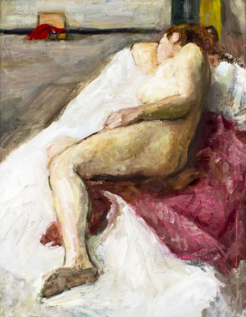 Vintage mid 20C American oil painting: ARTIST: - (American, mid 20 century) NAME: Reclining Nude MEDIUM: oil on canvas CONDITION: Very good. No visible inpaint under UV light. SIGHT SIZE: 30 x 24 inches / 76 x 60 cm FRAME SIZE: 32 x 26 inc