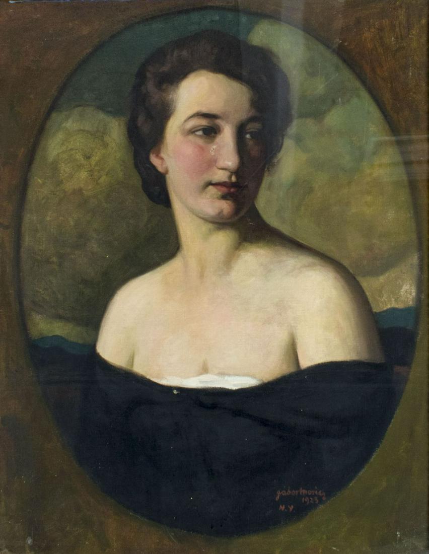 Moric Gabor (Hungary,1889-1987) oil painting antique: ARTIST: Moric Gabor (Hungarian, 1889 - 1987) NAME: Portrait of Woman YEAR: 1923 MEDIUM: oil on canvas CONDITION: Two punctures. One faint sratch. Framed under glass. No visible inpaint under UV light.