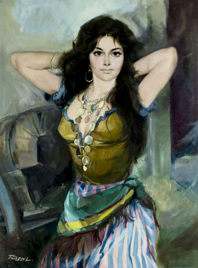 Lajos Fuzesi (Hungary,US,1931-2008) oil painting: ARTIST: Lajos Fuzesi (Hungarian, American, 1931 - 2008) NAME: Portrait of Gypsy Girl MEDIUM: oil on canvas CONDITION: Restretched. No visible inpaint under UV light. SIGHT SIZE: 32 x 24 inches / 81 x 