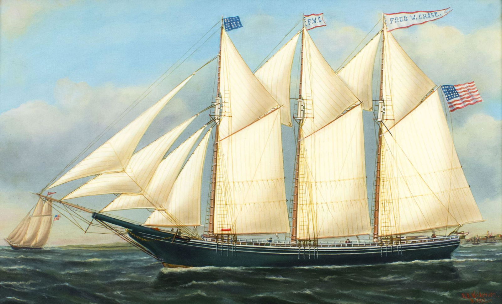 Reginald Nickerson (MA,1915-1999) oil painting: ARTIST: Thaddeus Bannister (Massachusetts, 1915 - 1999) NAME: Sail Ship - Schooner Fred W Chase MEDIUM: oil on canvas CONDITION: Very good. No visible inpaint under UV light. SIGHT SIZE: 22 x 36 inche