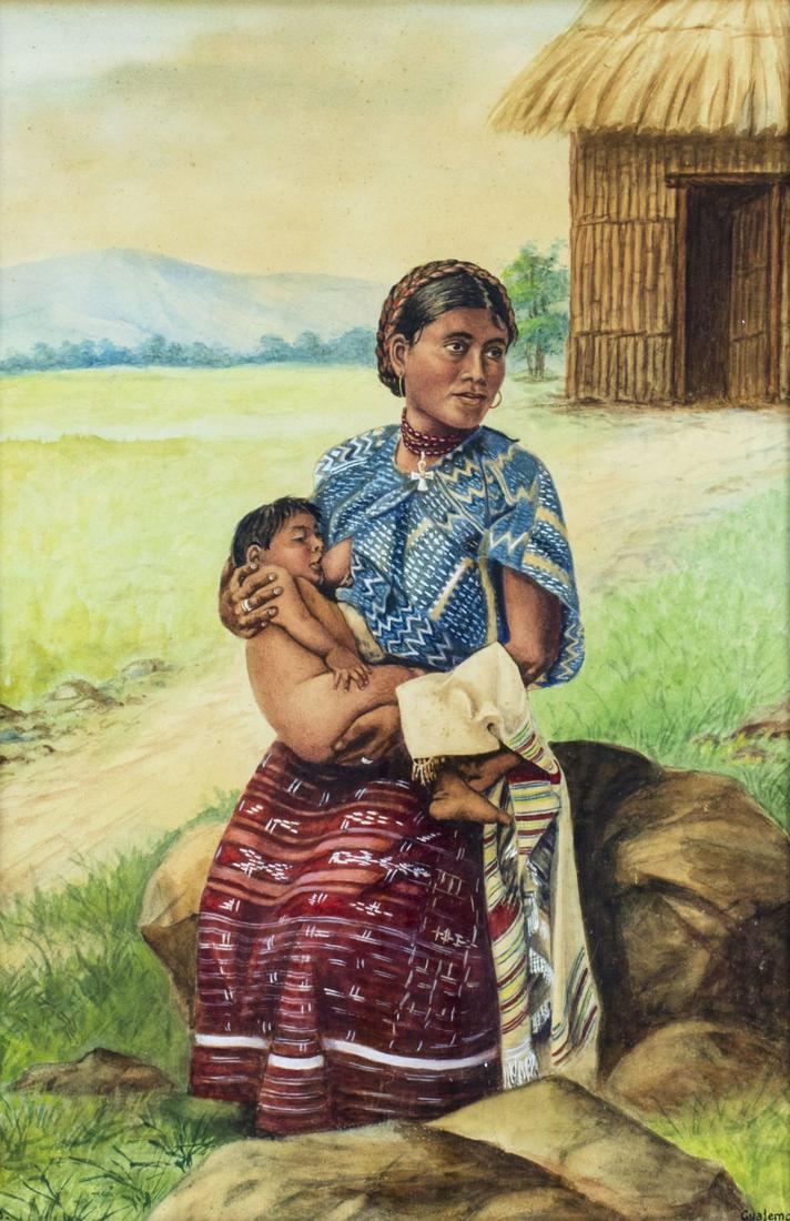 Antique early 20C Guatemalan watercolor painting: ARTIST: - (Guatemala, early 20 century) NAME: Guatemalan Woman Breastfeeding Child MEDIUM: watercolor on paper CONDITION: Some age toning. Very minor foxing. Framed under glass. SIGHT SIZE: 18 x 12 in