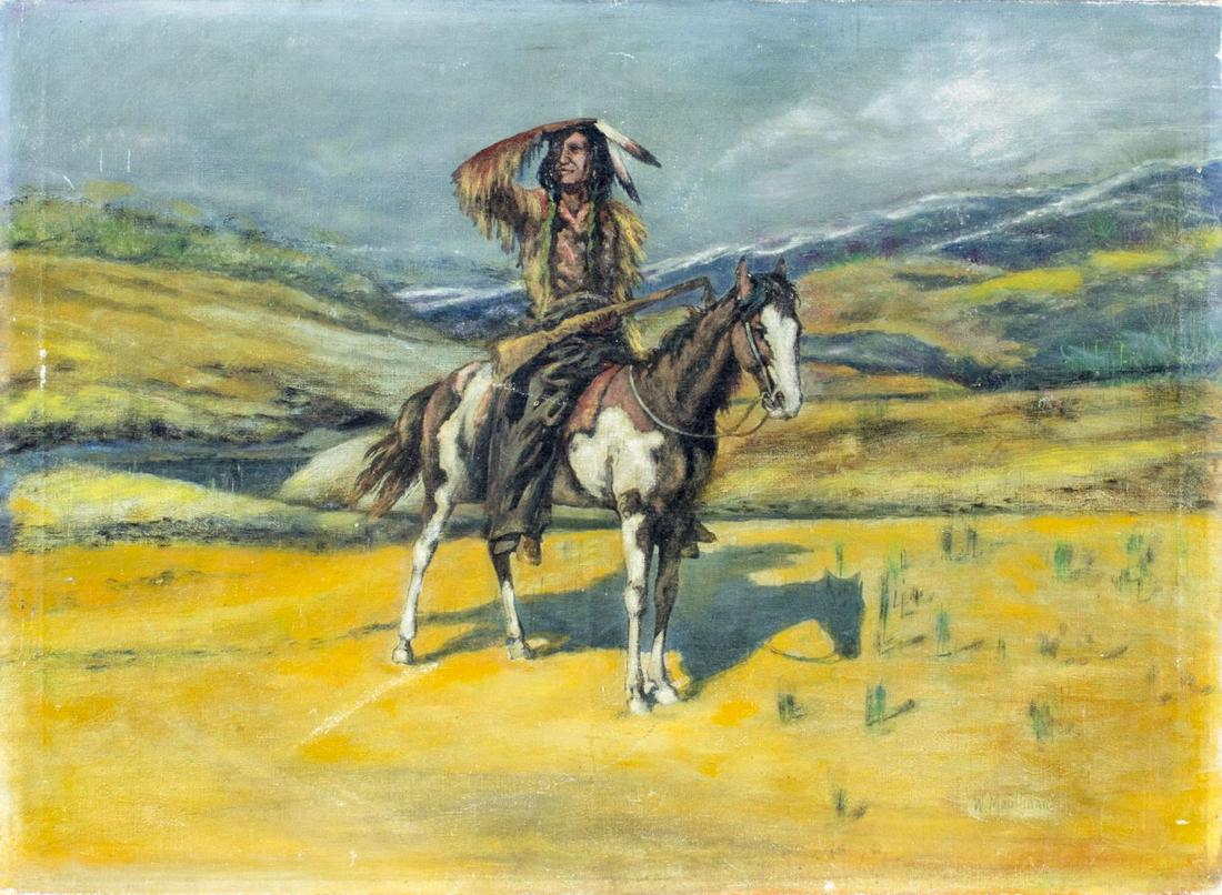 William Meuttman (OH,1869-1948) oil painting: ARTIST: William Meuttman (Ohio, 1869 - 1948) NAME: Indian Man on Horse MEDIUM: oil on canvas CONDITION: One puncture repaired with patch and minor corresponding inpainting. Few scrathes/paint losses. 
