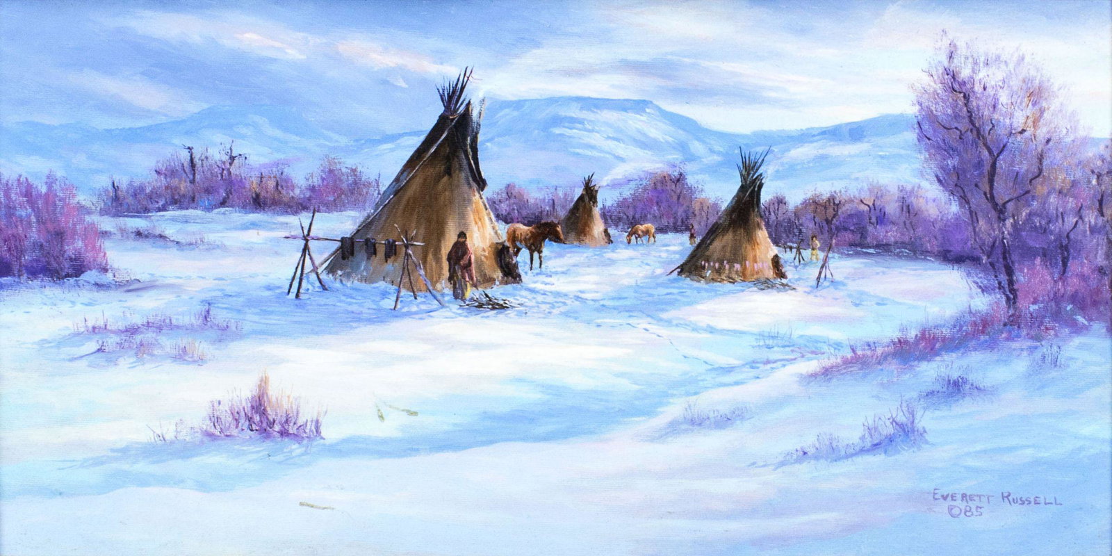 Everett Russell (WA,1934-2017) oil painting: ARTIST: Everett Russell (Washington, 1934 - 2017) NAME: Sioux Winter Camp YEAR: 1985 MEDIUM: oil on canvas CONDITION: Very good. No visible inpaint under UV light. Wear to frame. SIGHT SIZE: 9 x 18 in