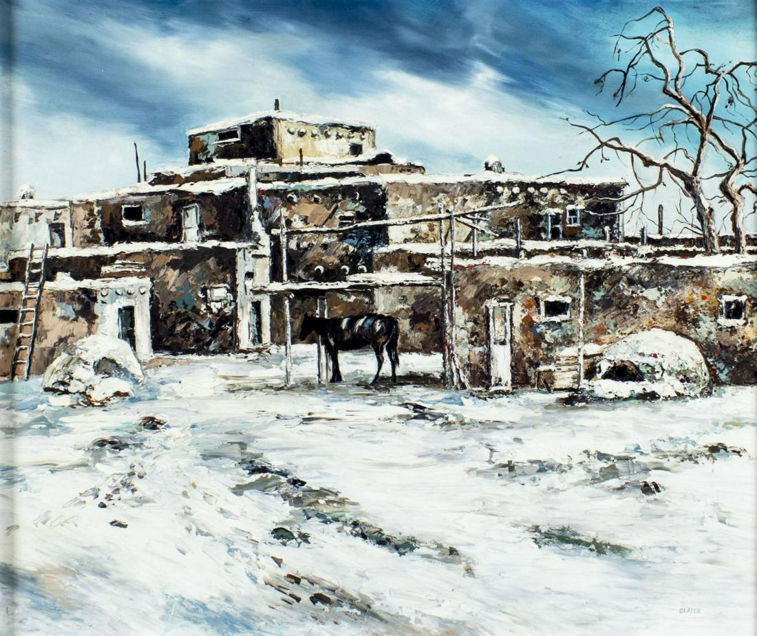 Slater (NM,20C) oil painting: ARTIST: Slater (New Mexico, 20 century) NAME: Taos Pueblo In Winter MEDIUM: oil on board CONDITION: Very good. No visible inpaint under UV light. SIGHT SIZE: 20 x 24 inches / 50 x 60 cm FRAME SIZE: 21