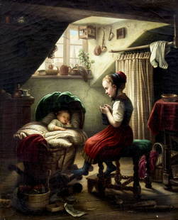 Johann Meyer von Bremen (German,1813-1886) oil painting antique: ARTIST: Johann Georg Meyer von Bremen (Germany, 1813 - 1886) NAME: A Lullaby MEDIUM: oil on canvas CONDITION: One small tear 1" long repaired with corresponding inpainting. Few minor paint losses. Som