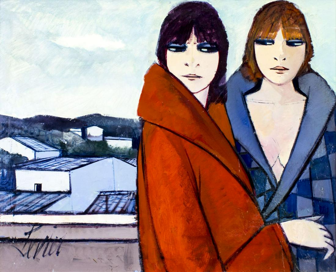 Charles Levier (French,NY,CA,1920-2003) oil painting: ARTIST: Charles Lever (France, New York, California, 1920 - 2003) NAME: Le Balcon (titled on verso) MEDIUM: oil on canvas CONDITION: One patch repair with corresponding inpainting. Minor damages to fr