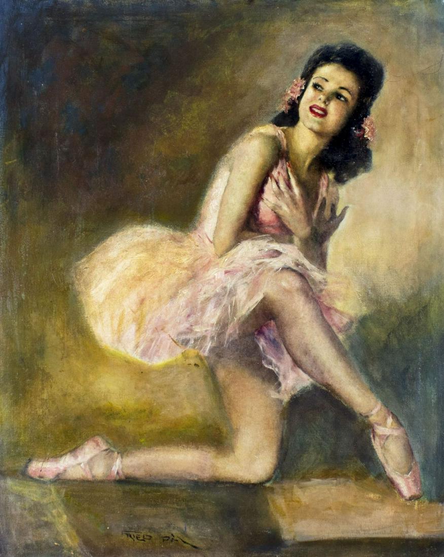 Pal Fried (NY,CA,Hungary,1893-1976) oil painting: ARTIST: Pal Fried (New York, California, Hungarian, 1893 - 1976) NAME: Ballerina MEDIUM: oil on canvas CONDITION: Relined. Restretched. No visible inpaint under UV light. SIGHT SIZE: 30 x 24 inches /