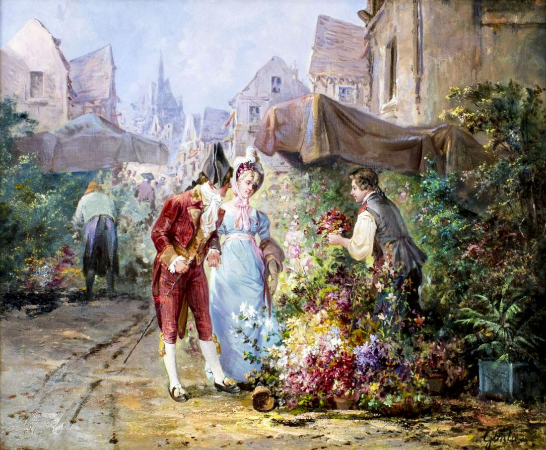 Clement Gontier (French,1876-1918) oil painting antique: ARTIST: Clement Gontier (France, 1876 - 1918) NAME: Flower Market Scene MEDIUM: oil on canvas CONDITION: Three patch repairs with minor corresponding inpaintings. Few paint losses. Very minor craquelu