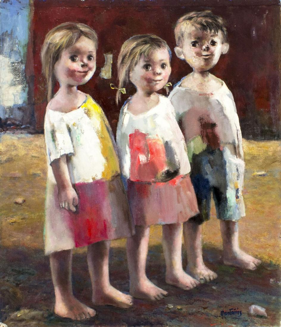 Jose Montanes (Spain,France,1918-1998) oil painting: ARTIST: Jose Montanes (Spanish, French, 1918 - 1998) NAME: Two Girls and Boy MEDIUM: oil on canvas. Canvas applied to board. CONDITION: Minor damages to lower left corner. Normal wear along edges. No