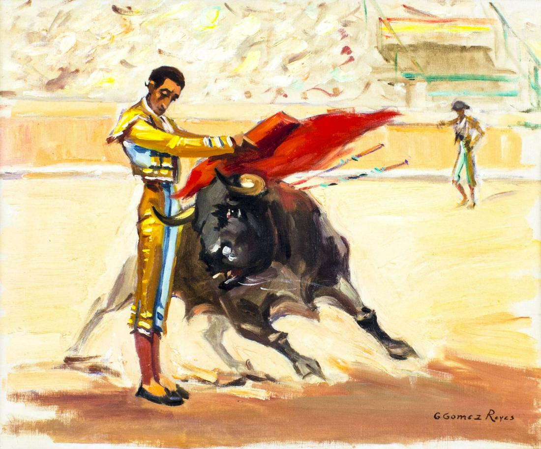 G Gomez Reyes (Mexico,20C) oil painting: ARTIST: G Gomez Reyes (Mexican, 20 century) NAME: Matador with Raging Bull MEDIUM: oil on canvas CONDITION: Very good. No visible inpaint under UV light. SIGHT SIZE: 16 x 20 inches / 40 x 50 cm FRAME