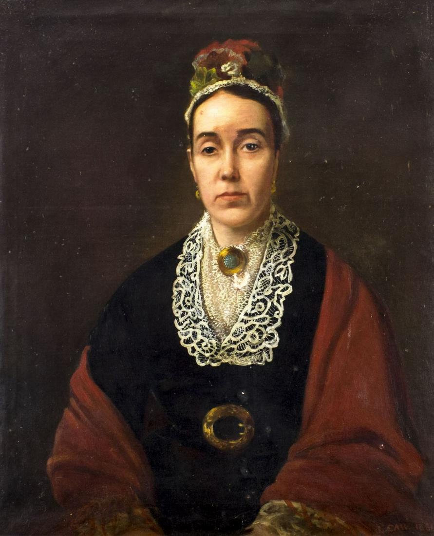ATTR James Caw (UK,1864-1950) oil painting antique: ARTIST: ATTRIBUTED TO James Lewis Caw (Scottish, British, 1864 - 1950) NAME: Portrait of Woman YEAR: 1881 MEDIUM: oil on canvas CONDITION: Some scrathes/paint losses. Normal wear along edges. Very min