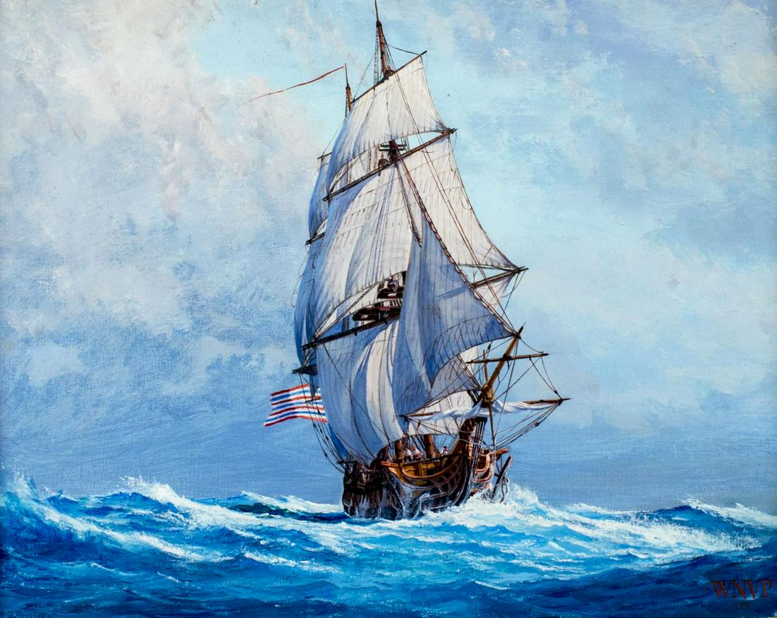 William Van Powell (TN,1904-1973) oil painting: ARTIST: William Nowland Van Powell (Tennessee, 1904 - 1973) NAME: Sail Ship - Sloop of War Ranger (titled on verso) YEAR: 1970 MEDIUM: oil on canvas CONDITION: Very good. No visible inpaint under UV l