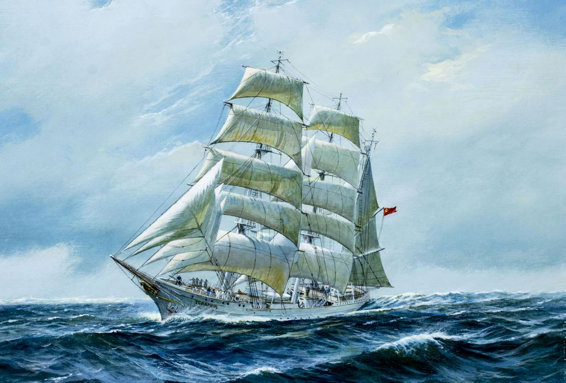 Charles Lundgren (NY,CT,1911-1988) oil painting: ARTIST: Charles Lundgren (New York, Connecticut, 1911 - 1988) NAME: Sail Ship - Tovarisch YEAR: 1981 MEDIUM: oil on board CONDITION: Very good. No visible inpaint under UV light. SIGHT SIZE: 25 x 27 i