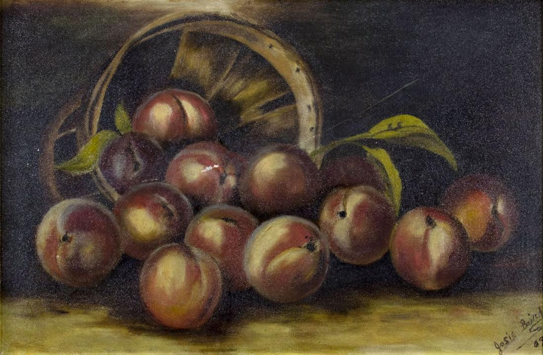 Josie Baird (US,19/20C) oil painting antique: ARTIST: Josie Baird (American, 19/20 century) NAME: Still Life with Basket of Peaches YEAR: 1909 MEDIUM: oil on board CONDITION: Few Scratches. No visible inpaint under UV light. Minor damages to fram
