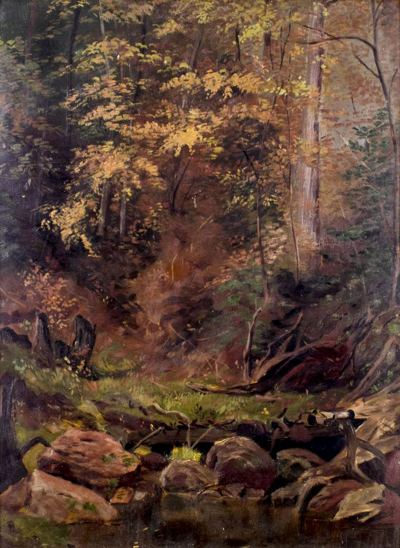 Antique 19C British oil painting: ARTIST: - (British, 19 century) NAME: Autumn Forest Landscape YEAR: circa 1900 MEDIUM: oil on board CONDITION: Few minor scrathes/paint losses. No visible inpaint under UV light. SIGHT SIZE: 23 1/2 x 