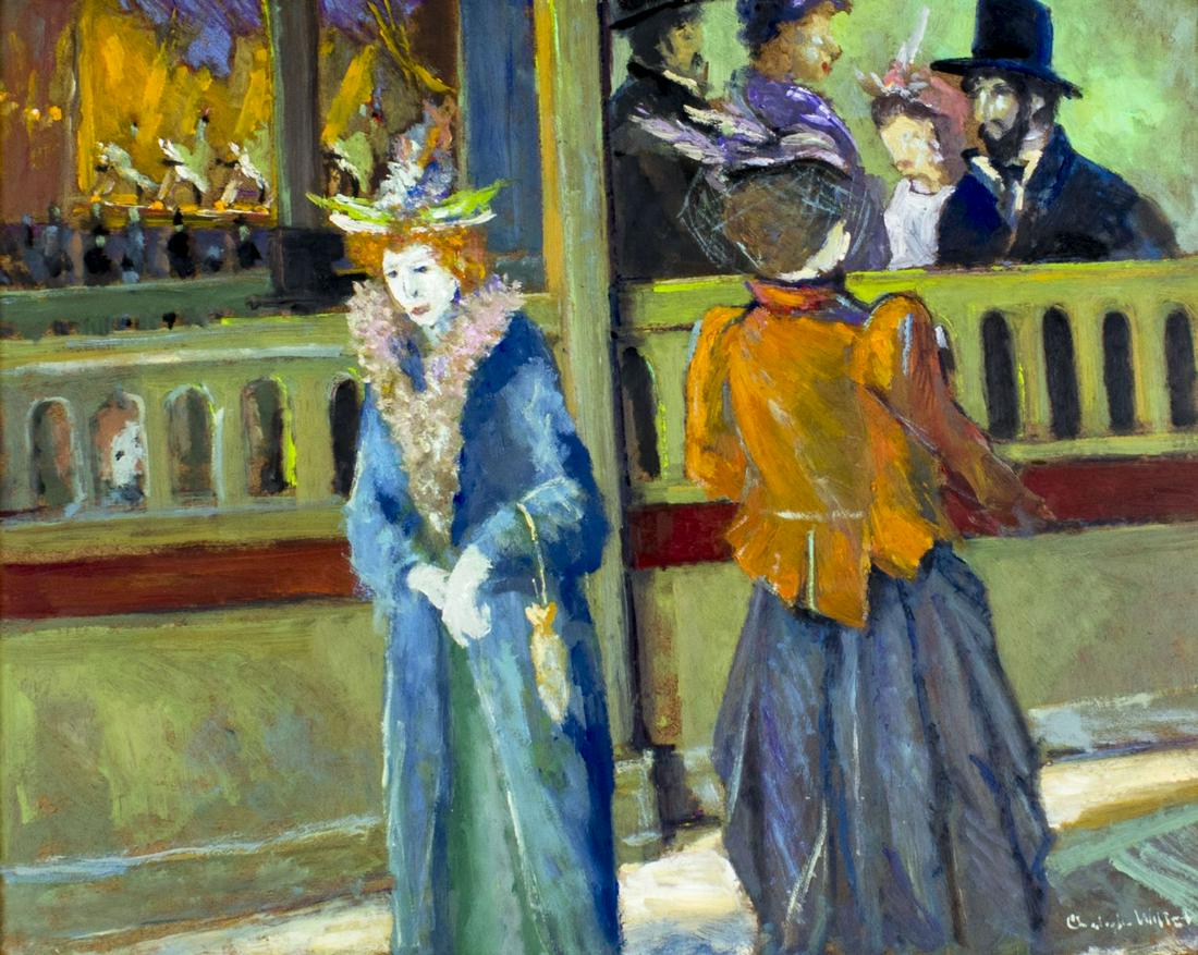 Christopher Willett (PA,b 1959) oil painting: ARTIST: Christopher G Willett (Pennsylvania, born 1959) NAME: At the Moulin Rouge (titled on verso) MEDIUM: oil on board CONDITION: Very good. No visible inpaint under UV light. Minor damages to frame