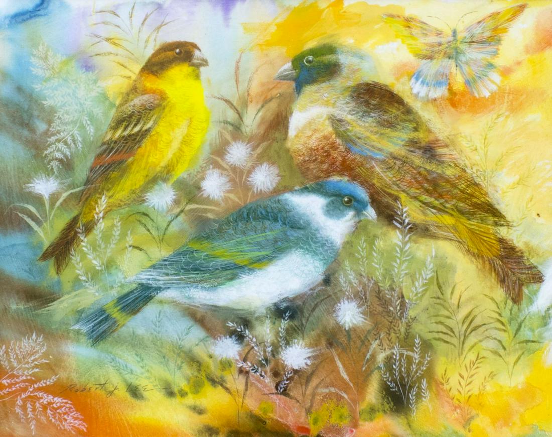 Robert Lee (NY,CA,1921-1994) pastel painting: ARTIST: Robert J Lee (New York, California, 1921 - 1994) NAME: Birds - Four Friends in a Meadow MEDIUM: pastel on paper CONDITION: Very good. Framed under glass. SIGHT SIZE: 11 x 14 inches / 27 x 35 c