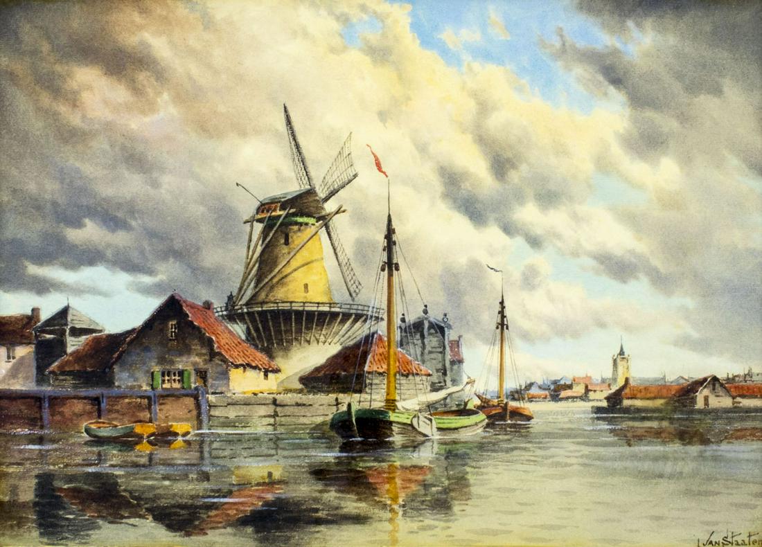 Hermanus Koekkoek II (Dutch,1836-1909) watercolor painting antique: ARTIST: Hermanus Koekkoek II (Holland, Netherlands, 1836 - 1909) NAME: Dutch Cityscape MEDIUM: watercolor on paper CONDITION: Minor age toning. Framed under glass. SIGHT SIZE: 14 x 20 inches / 35 x 50