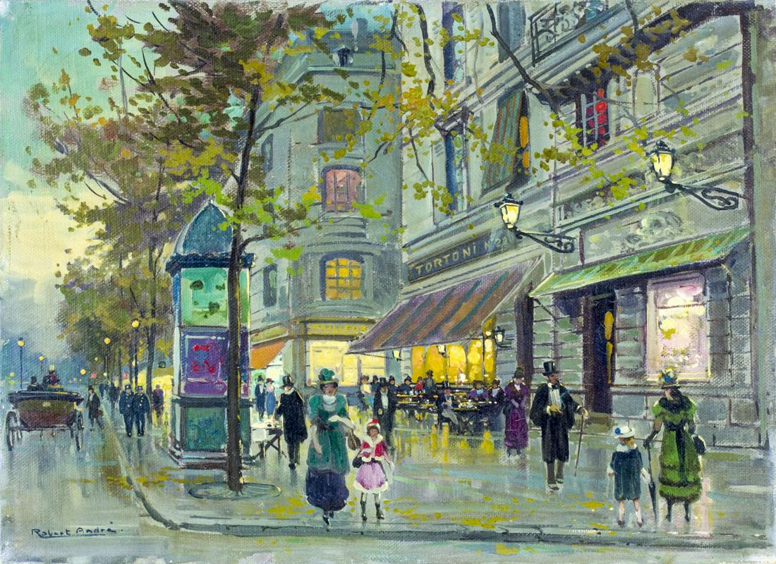 Robert Andre (French,mid 20C) oil painting: ARTIST: Robert Andre (France, mid 20 century) NAME: Paris Cityscape - Cafe Tortoni (titled on stretcher) MEDIUM: oil on canvas CONDITION: Minor craquelure. Few very small inpaintings/touch ups. SIGHT 