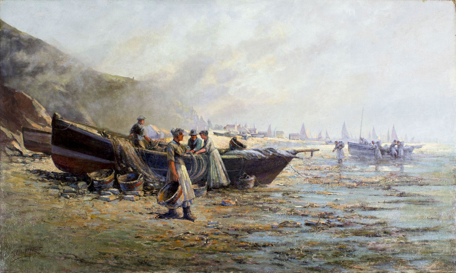 Milton Burns (NY,OH,1853-1933) oil painting antique: ARTIST: Milton James Burns (New York, Ohio, 1853 - 1933) NAME: Fisherfolk on the Beach MEDIUM: oil on canvas CONDITION: Relined. Restretched. Some craquelure. Some scattered inpaintings. SIGHT SIZE: 2