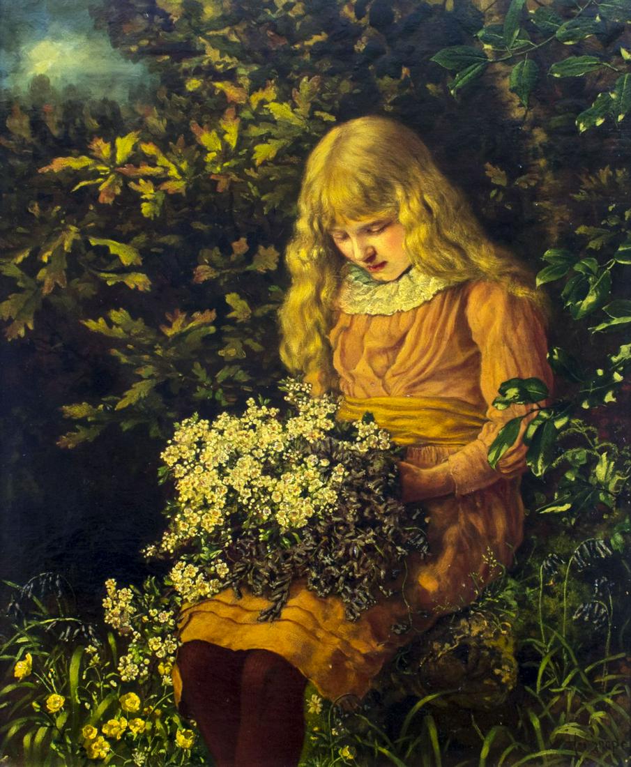 William H Snape (UK,1862-1904) oil painting antique: ARTIST: William H Snape (British, 1862 - 1904) NAME: Picking Wild Flowers MEDIUM: oil on canvas CONDITION: One patch repair with minor corresponding inpainting. No visible inpaint under UV light. SIGH