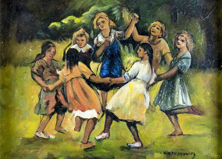 William Meyerowitz (Ukraine,NY,1887-1981) oil painting: ARTIST: William Meyerowitz (Ukrainian, New York, 1887 - 1981) NAME: Girls Dancing MEDIUM: oil on board CONDITION: Very good. No visible inpaint under UV light. Minor damages to frame. SIGHT SIZE: 8 x