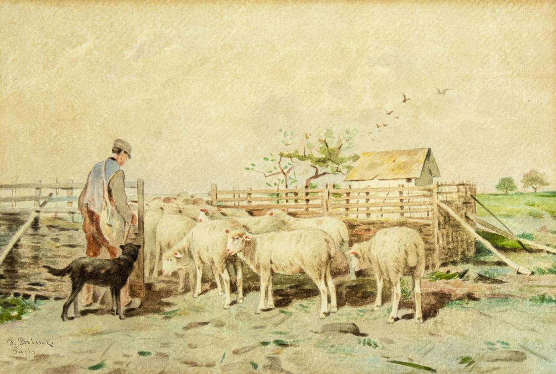 Felix Brissot de Warville (French,1818-1892) watercolor painting antique: ARTIST: Felix Saturnin Brissot de Warville (France, 1818 - 1892) NAME: Shepherd anf Flock of Sheep MEDIUM: watercolor on paper CONDITION: Some age toning. Framed under glass. Some damages to frame. SI